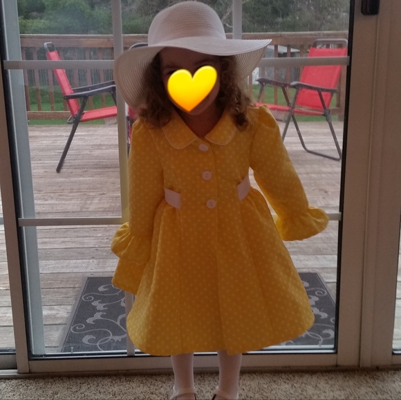 BONNIE JEAN YELLOW AND WHITE POLKA DOAT DRESS AND COAT WITH WHITE HAT - Picture 13 of 13